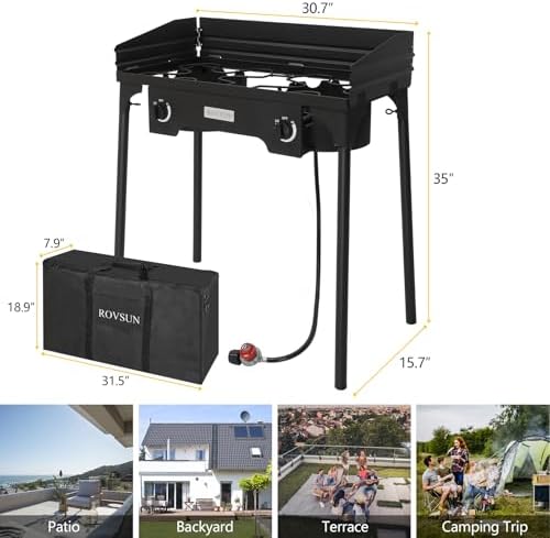 ROVSUN 2 Burner Outdoor Propane Gas Stove with Windpanel, Carrying Bag & Regulator, 150,000 BTU Stand Cooker for Backyard Cooking Camping Home Brewing Canning Turkey Frying - Image 6