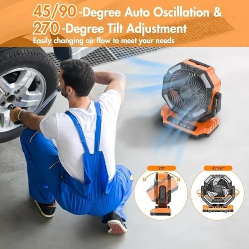 Camping Fan with LED Lantern, 40000mAh Rechargeable Battery Operated Outdoor Tent Fan with Light & Hanging Hook, 4 Speeds, Personal USB Desk Fan for Camping, Power Outage(Orange) - Image 6