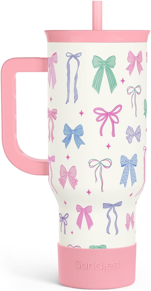 SANDJEST Bow 40oz Tumbler With Handle and Straw, Insulated Stainless Steel Travel Coffee Mug for Women Girls Bow Lovers, Gift Idea for Birthday Christmas Mothers Day by SANDJEST