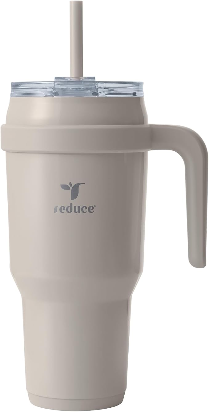 REDUCE 40 oz Stainless Steel Tumbler with Handle - Dual-Wall Vacuum Insulated Travel Mug, Sweat-Proof Lid & Reusable Straw - Keeps Drinks Cold for 24 Hrs, Fits Cupholders, Dishwasher Safe - Sand by Reduce