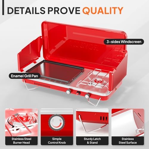 ROVSUN 2-in-1 Portable Camping Stove & Propane Grill with Enamel Griddle & Piezo Igniter, Tabletop Camp Stove with Built-in Handle, Wind Panel & Regulator for Camping, Tailgating, Grilling (Red) - Image 4