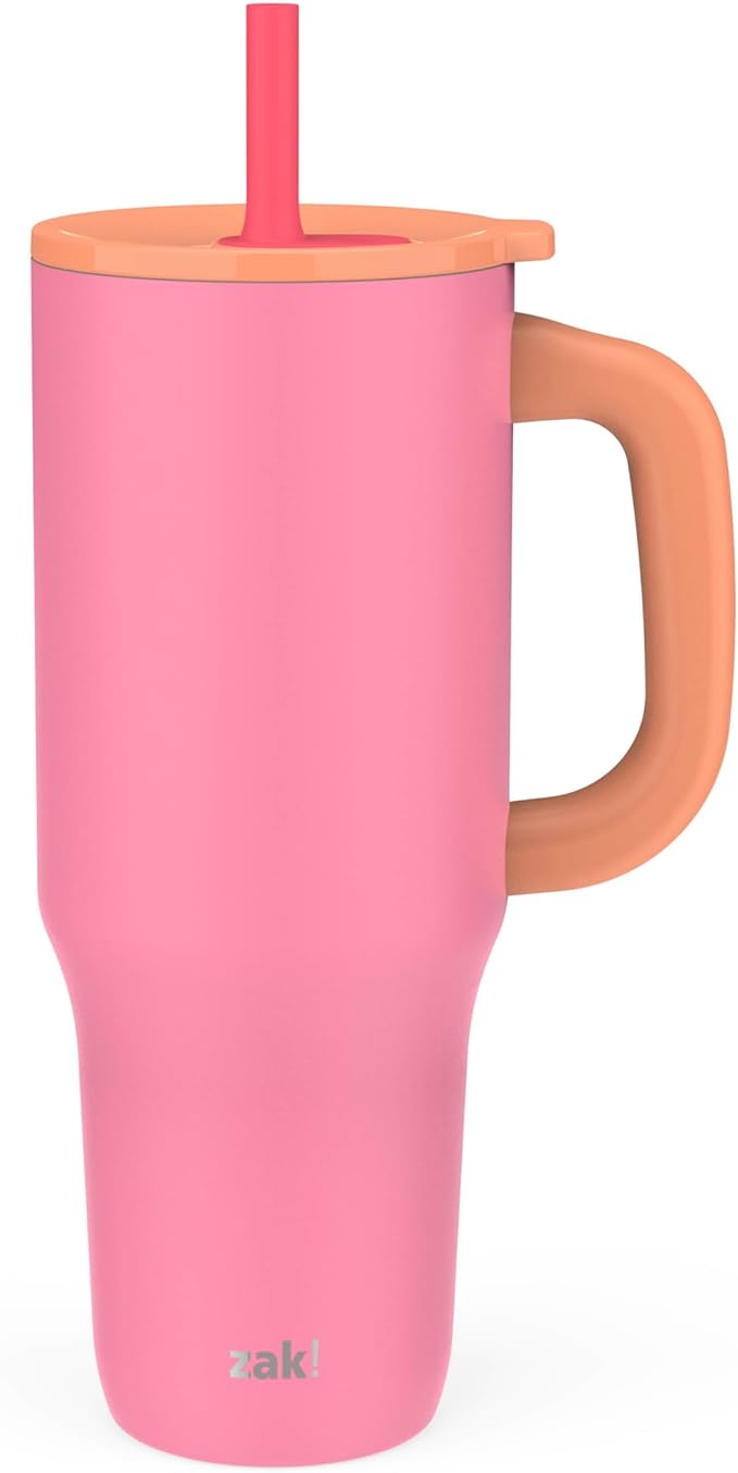 Zak Designs Sutton Travel Tumbler for On the Go, 40oz Stainless Steel with Vacuum Insulation, Silicone Straw, and Carry Handle for Cold Drinks (So Sweet Pink) by ZakDesigns