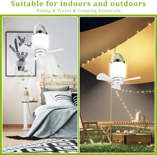 Rechargeable Camping Fan with LED Lantern, 2 in 1 Portable Small Ceiling Fan with Light for Outdoor Tent Gazebo Patio RV, USB C Battery Powered White Fan with Remote, Detachable 3 Blade Hanging Fan - Image 6