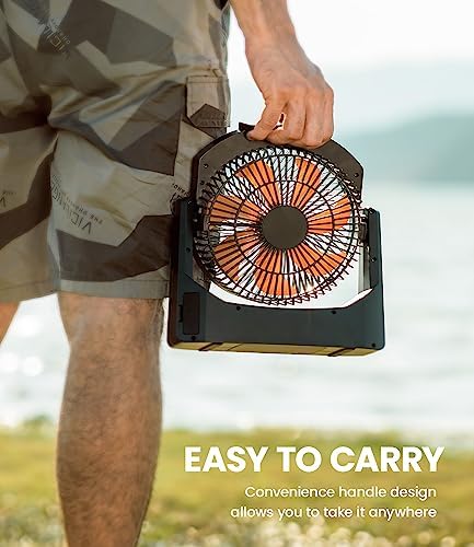 Camping Fan with LED Lantern, 8 Inch D-Cell Battery Operated Desk Fan with Timer, High Velocity Stepless Speed Control, Quiet,SOS Light, 180° Rotation USB Fan for Outdoor, Hurricane, Emergency - Image 6