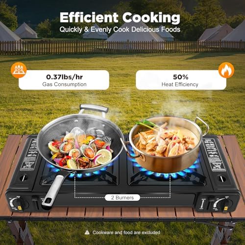 Portable Gas Stove, 2-Burner Butane Camping Stove with Carry Case, Outdoor Kitchens LPG Stove, Automatic Ignition Outdoor Indoor Cooking Gear - Image 2
