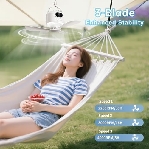 11“ Camping Ceiling Fan with Light & Remote, Battery Operated Tent Fan,Rechargeable Battery Powered Fan,Hangable Camping Fan,Camping Essential (White-10040mAh, Centimeters, 28.9) - Image 3