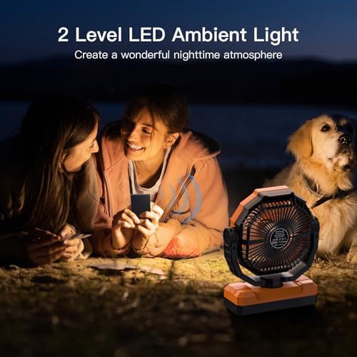 FRIZCOL 3-in-1 Camping Fan - Portable Fans Rechargeable - 36000mAh Detachable Battery Powered Fan with Light & Remote for Indoor Outdoor, Tent, Travel, Fishing, Jobsite, Gifts for Men Dad Him - Orange - Image 3