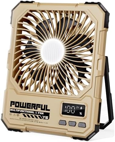 Portable Fan, Camping Fan, 20000mAh 6-Inch 18-85H Rechargeable Ultra Thin Foldable with Built-in Power Bank, LED Light, Remote Control, Hook for Outdoor Camping Tent RV Travel (Khaki) by NAOIY