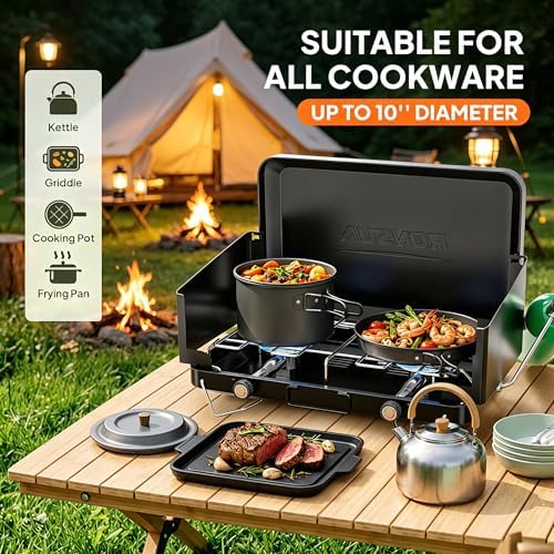 ROVSUN 20000 BTU Propane Camping Stove with Adapter, 2 Burner Tabletop Portable Propane Camp Stove with Built-in Handle & Foldable Wind Panel for Outdoor Camping, Tailgating, Grilling - Image 2