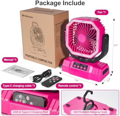 Odoland Portable Camping Fan with Light, 20000mAh Rechargeable Battery Fan - Image 6