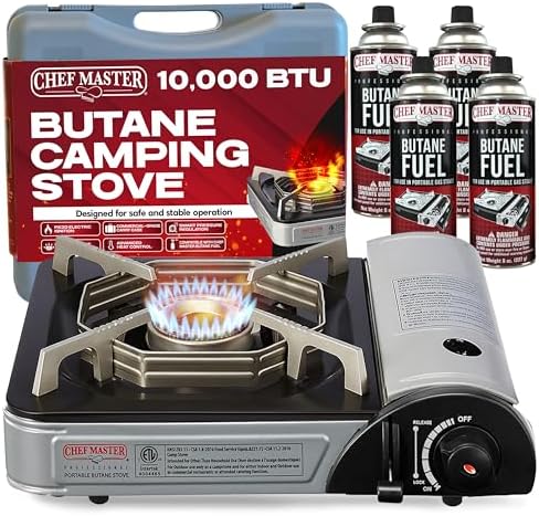 Chef Master Butane Camping Stove - Combo w/ 4x Fuel Canisters, 10,000 BTU by ChefMasterProfessional