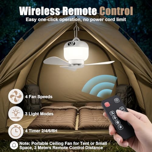 Camping Fan with Light & Remote, Portable Ceiling Fan Wireless Rechargeable Tent Fan with 4 Speeds,3 Light Modes,Timer, Battery Powered Fan for Tents, Canopy, Beach, RV, Car, Camper & Outdoor - Image 2