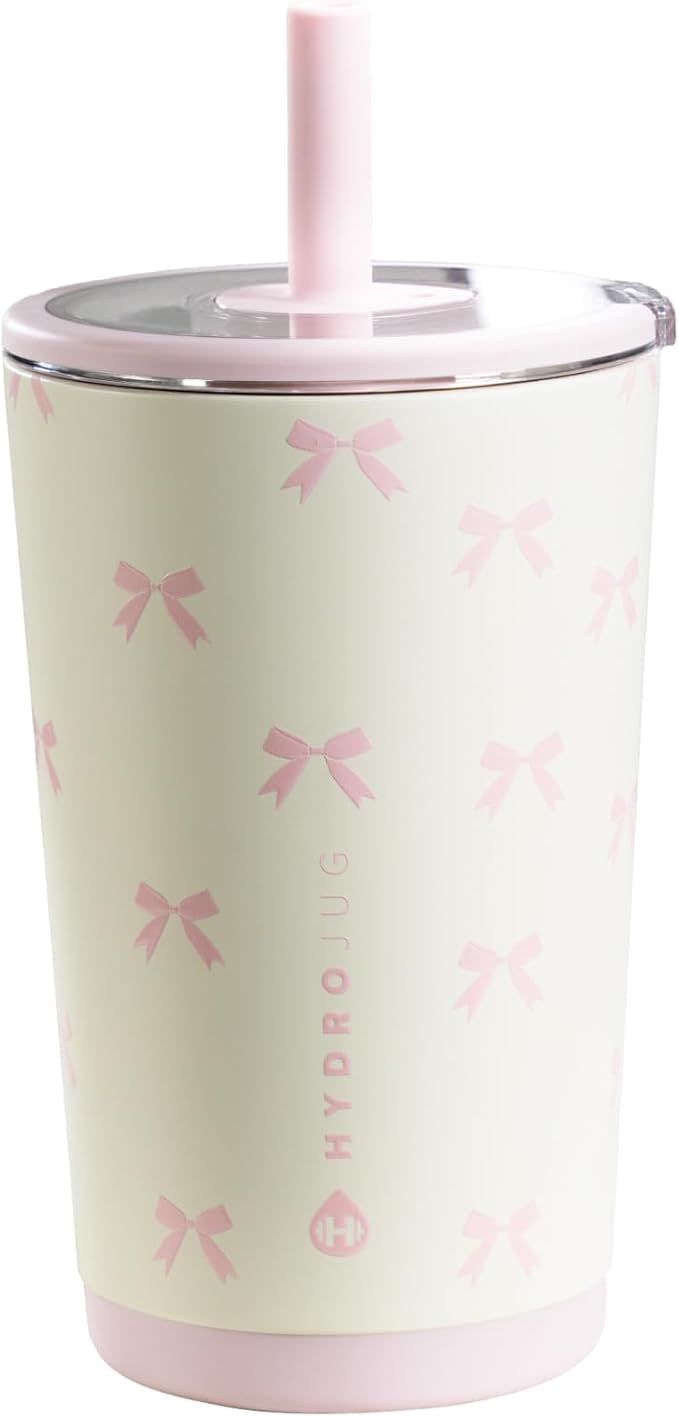 HydroJug Everyday Tumbler 14 oz – Ceramic-Lined Insulated Tumbler with Straw and Soft-Touch Lid, Cup Holder Friendly, Double-Wall Vacuum Insulation, Reusable Travel Cup – Bows by Hydrojug