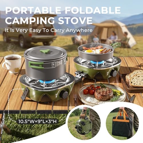 20000 BTU Propane Camping Stove with Cookware Set & Carry Bag Olive - Image 3