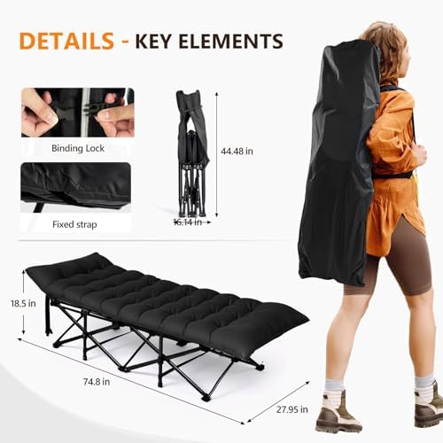 VINGLI Folding Camping Cot Bed,Camping Cots for Adults with Mattress, Foldable Cots for Sleeping with Pillow 1200D Layer Oxford for for Guest,Travel,Hiking-Black 2P - Image 2