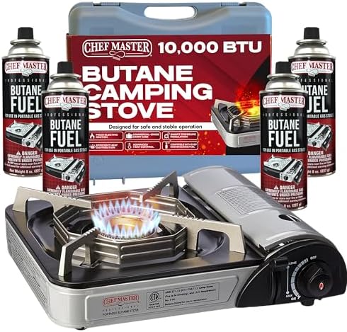 Chef Master Portable Butane Stove Combo for Camping - Stove + 4x 8oz Butane - 10,000 BTU Countertop Gas Burner w/Piezo Ignition - Good for Indoor & Outdoor Cooking w/Wind Guard & Carry Case - 90011 by ChefMasterProfessional