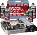 Chef Master Portable Butane Stove Combo for Camping - Stove + 4x 8oz Butane - 10,000 BTU Countertop Gas Burner w/Piezo Ignition - Good for Indoor & Outdoor Cooking w/Wind Guard & Carry Case - 90011 by ChefMasterProfessional