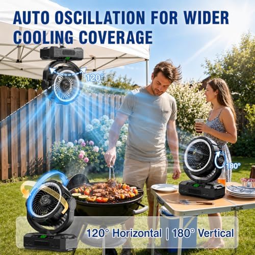9-Inch Rechargeable Camping Fan 【Auto-Oscillating, Max 60H】20000mAh Portable Battery Powered Operated Fan,Light,Timer,Hook,Outdoor Tent Fans for Patios,Beach,Fishing,Emergency,Camping Gear Essentials - Image 2
