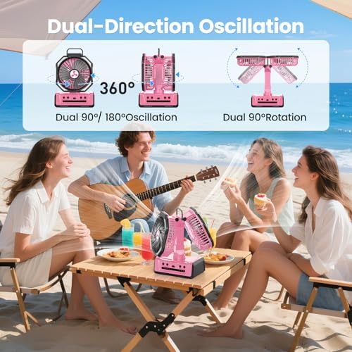Dual Head Portable Rechargeable Fan 20000mAh Battery Powered Camping Fan Cordless with LED Lantern & Remote, Auto Oscillation, Hook, Battery Operated for Tent Office Travel Picnic Jobsite Pink - Image 5