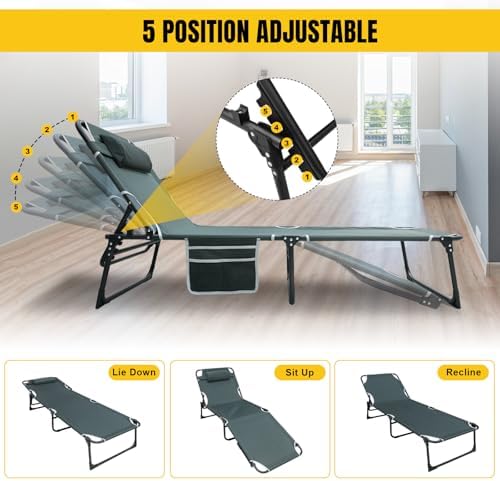 YELLOW JACKET Folding Camping Cot for Adults Adjustable 5-Position Portable Sleeping Cot Bed with Pillow and Removable Mattress Reclining Foldable Camp Cots for Outdoor,Home,Beach,Patio,Grey - Image 2