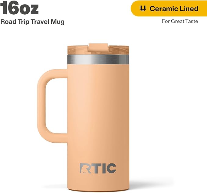 RTIC 16oz Road Trip Travel Mug with Lid and Handle, Ceramic Lined, Insulated, Stainless Steel, Metal, Double Wall Vacuum-Insulation, Portable Coffee, Tea Cup for Hot and Cold Drink, Peach Tea - Image 2