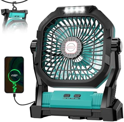 Camping Fan Rechargeable, 20000mAh Battery Powered Portable Fan with LED Light, 4-Speed 180° Adjustable, Camping Essentials for Tent, Travel, Car, Outdoor, Indoor, BBQ, Fishing, Jobsite - Blue - Image 2
