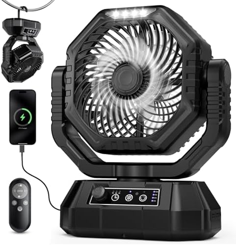 MKG Camping Fan Rechargeable, Oscillating Battery Powered Hanging Tent Fan with Light and Remote, Portable for Camp, Outdoor, Emergency Power Outage, Fishing, RV Travel (Black) by MKG