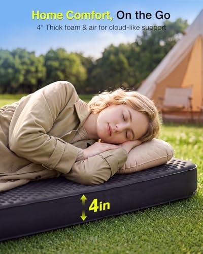 TaskStar 4" Self Inflating Sleeping Pad for Camping with Pillow, Electric Foam & Air Camping Sleeping Pad, 9.5 R-Value, 4 Season Air Mattress for Camping Essentials Gear for Tent Travel Car Cot - Image 5