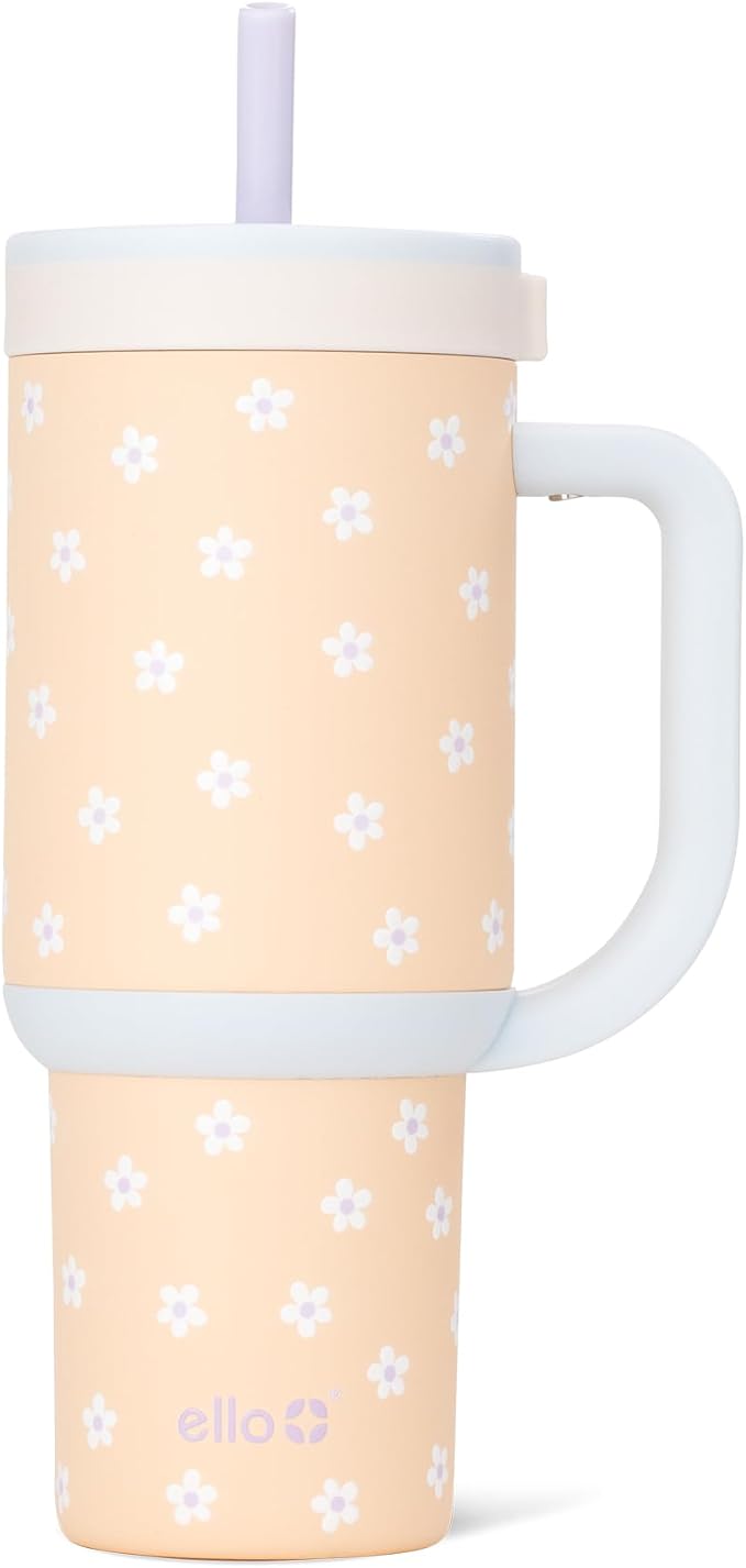 Ello Oasis 24oz Tumbler with Handle & Retracting Straw | Reusable Insulated Stainless Steel Cup 100% Leakproof, Gifts for Teens Women Men | Keeps cold for 24 Hours, Cup Holder Friendly, Orange Daisies by Ello