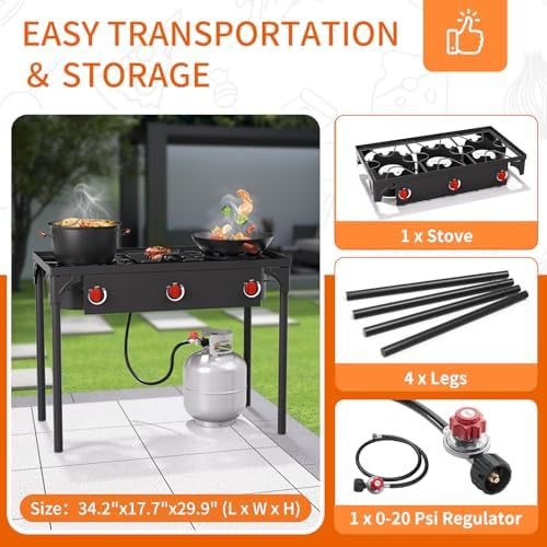 High Pressure Propane Burner, 3 Burner Camping Stove with Detachable Legs, 225,000 BTU Propane Gas Stove Burner with 0-20 PSI Regulator for Camping, Tailgating, Backyard, Outdoor Cooking - Image 2