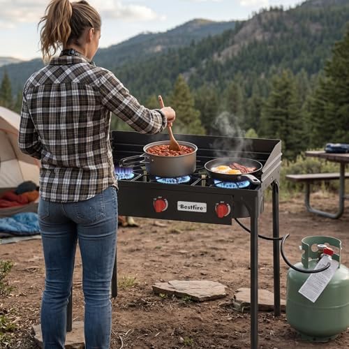 BESTFIRE 3 Burner Camping Stove, 225,000 BTU Propane Stove with Detachable Windscreen, Removable Legs & 20 PSIG Regulator&Octagonal Auxiliary Shelf&Ignition wire for Outdoor Cooking, Canning, BBQ - Image 6