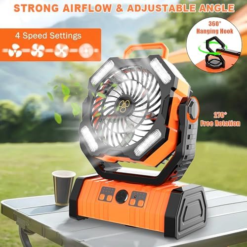 Portable Fan Rechargeable - 20000mAh Battery Powered Fan with LED Lantern Portable Outdoor Tent Fans with Remote,Hook,Timer, 4 Speeds for Camping Tent Bedroom Home Fishing Table - Image 3