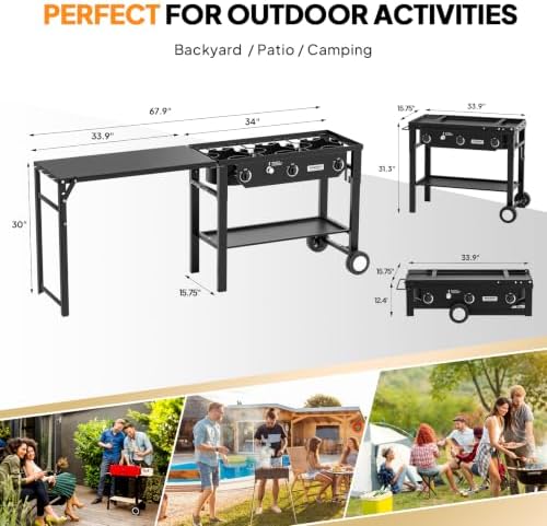 ROVSUN 3 Burner Outdoor Propane Gas Stove with Foldable Work Station, Auto-ignition & Regulator, 225,000 BTU Powerful Camping Burner with Portable Wheels for Backyard Patio Cooking Brewing Frying - Image 6