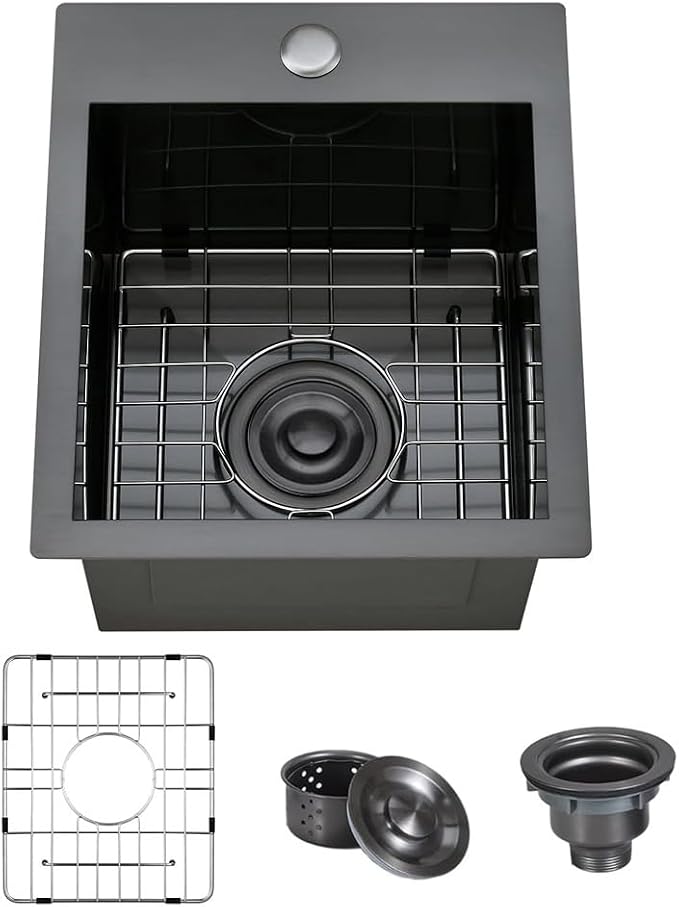 ARTLINE 13 x 15 Inch Black Drop in Bar Sink, Stainless Steel Single Bowl by ARTLINE