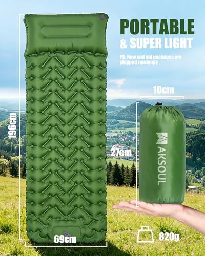 AKSOUL Self Inflating Sleeping Pad: Camping Inflatable Single Bed Air Mattress - Lightweight Sleep Mats - Compact Ultralight Pad for Camp Hiking Travel - 10CM - Green - Image 2