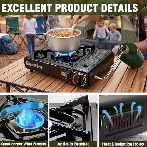 BESTFIRE Portable Camping Stove - 10 000 BTU Dual Fuel Propane and Butane with Adapter & Carrying Case Single Burner Gas for Outdoor Cooking Gear Essentials Tailgating Survival Kit - Image 4