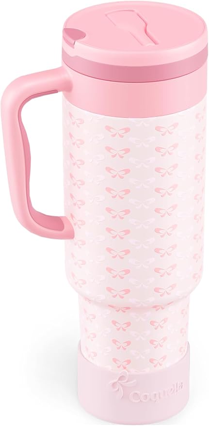 40 oz Insulated Tumbler with Handle and Push-Button Straw Lid, Stainless Steel Travel Cup for Gym Office, Leakproof, BPA-Free, Cup Holder Friendly, Bow Silicone Boot, Pink (Coquette Blush) by Coquella