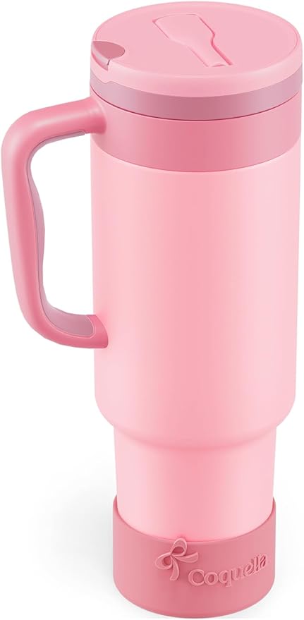 40 oz Insulated Tumbler with Handle and Push-Button Straw Lid, Stainless Steel Travel Cup for Gym Office, Leakproof, BPA-Free, Cup Holder Friendly, Bow Silicone Boot, Pink (Rose Quartz) by Coquella