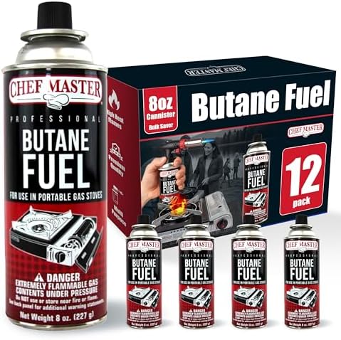 Chef Master Butane Fuel Canister, Camp Stove & Torch Refill, 8 oz, 12-Pack by ChefMasterProfessional