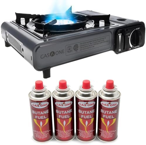 GasOne Portable Butane Camping Stove with Case + 4 Fuel Canister Catridge: Automatic Ignition, Precise Heat Control - Camping & Tailgating and Outdoor Cooking by GasOne