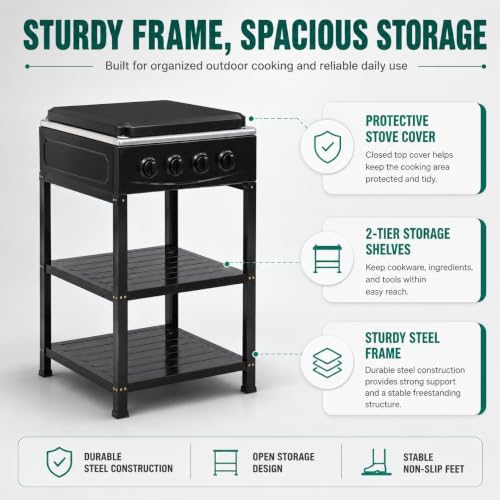 4 Burner Gas Stove Portable Outdoor Stove with Removable Storage Stand, Heavy Duty Stainless Steel Propane Gas Cooker with Wind Blocking Cover for Camping Picnic Home RV Cooking (no hose) - Image 3