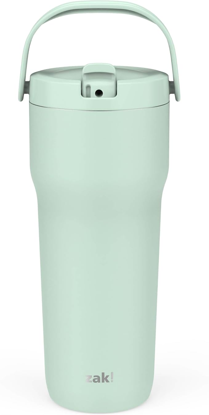 Zak Designs Sutton Travel Tumbler for On the Go, 30oz Stainless Steel with Vacuum Insulation, Straw Spout, Carry Handle for Cold Drinks (Icicle Mint Green) by ZakDesigns
