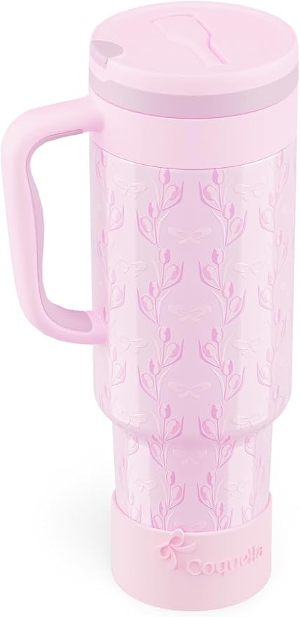 40 oz Insulated Tumbler with Handle and Push-Button Straw Lid, Stainless Steel Travel Cup for Gym Office, Leakproof, BPA-Free, Cup Holder Friendly, Bow Silicone Boot, Purple (Tulip Lilac) by Coquella