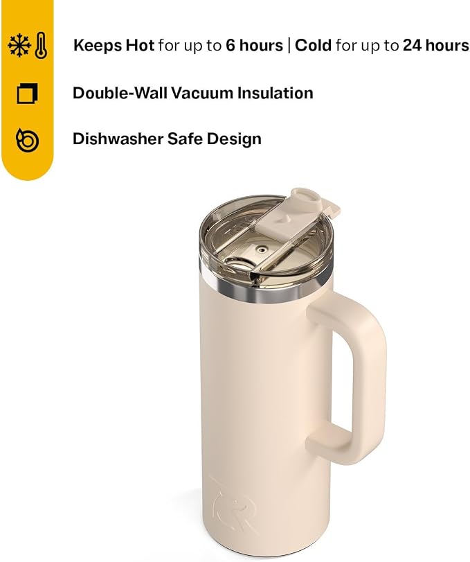 RTIC 20oz Road Trip Travel Mug with Lid and Handle, Ceramic Lined, Insulated, Stainless Steel, Metal, Double Wall Vacuum-Insulation, Portable Coffee, Tea Cup for Hot and Cold Drink, Beach - Image 2