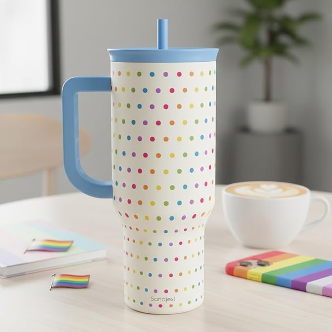 SANDJEST LGBT 40oz Tumbler with Handle and Straw, Insulated Stainless Steel Travel Coffee Mug for Gay Lesbian Adults Friends, Gift Idea for Birthday Christmas Pride Month (Polka Dot) - Image 7