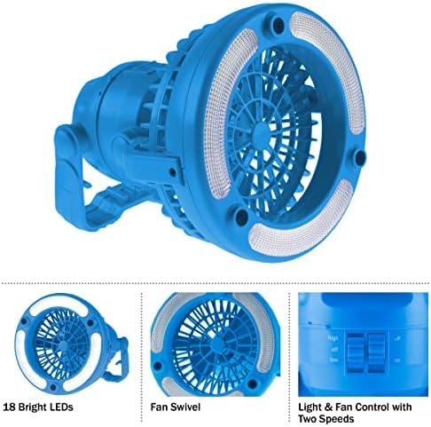 Camping Lantern with Fan Set – Set of 2 Weather-Resistant Camping Lights with 18 LED Bulbs and High and Low Fan Settings by Wakeman (Blue) - Image 4