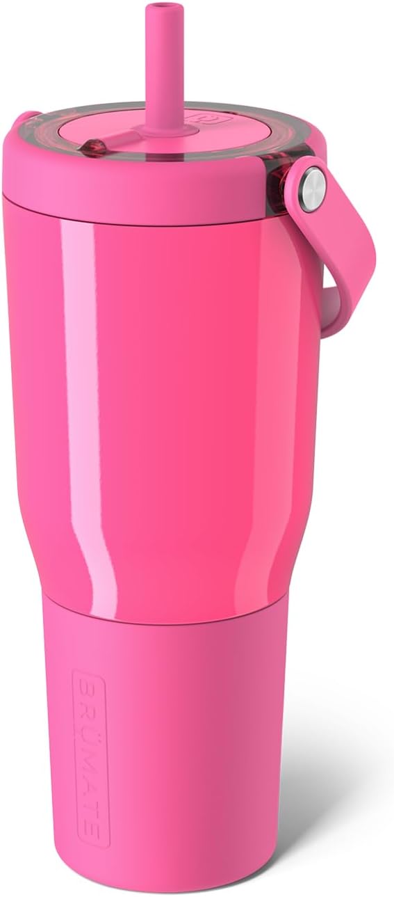 BrüMate Resa 35oz 100% Leakproof Travel Tumbler w/Handle & Straw | Flexible SoftSip Straw | Silicone Sleeve for Durability | Stainless Steel | Cup Holder & Travel Friendly Water Bottle (Neon Pink) by Br%C3%BCMate