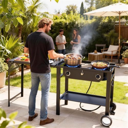 ROVSUN 2 Burner Outdoor Propane Gas Stove with Foldable Side Table & Ignition, 150,000 BTU Stand Cooker for Backyard Cooking Camping Home Brewing Canning Turkey Frying - Image 7