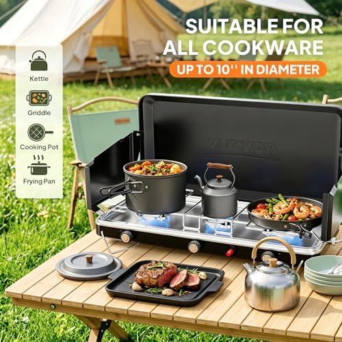 ROVSUN 25000 BTU Propane Camping Stove with Igniter, 3 Burner Portable Camp Stove with Adapter, Built-in Handle & Foldable Wind Panel for Outdoor Camping, Tailgating, Grilling - Image 2