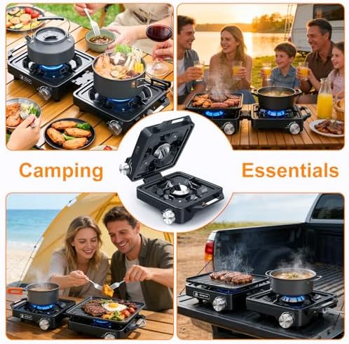 2-Burner Pro Camping Stove,24000 BTU Camp Stove,Foldable Propane Stove Includes Carry Bag,Windscreen Griddle, Portable Stove,Camping Essentials,Suitable For Outdoor Cooking (Black) - Image 7